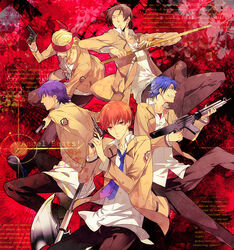  5boys angel_beats! blonde_hair blue_hair brown_hair commentary english_commentary fujimaki_(angel_beats!) futaba_hazuki gun halberd headband hinata_hideki male_focus multiple_boys noda_(angel_beats!) orange_hair otonashi_yuzuru polearm purple_hair school_uniform shinda_sekai_sensen_uniform shirasaya tk_(angel_beats!) uniform weapon 