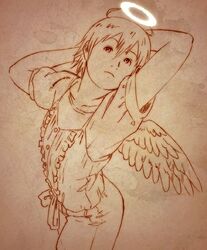  aaru_sentou_shuudan androgynous angel arched_back arms_behind_head arms_up bad_link feathered_wings female frilled_shirt frills haibane_renmei hair_between_eyes halo looking_at_viewer mini_wings monochrome orange_theme puffy_short_sleeves puffy_sleeves rakka_(haibane) shirt short_hair short_sleeves solo static_cling wings 