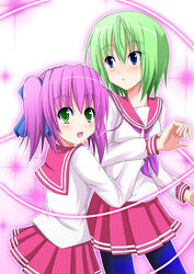  2girls arm_hug blue_eyes commentary_request green_eyes green_hair iwasaki_minami kobayakawa_yutaka long_hair lucky_star multiple_girls pantyhose pink_hair ryouou_school_uniform sazaki_hiyoru school_uniform serafuku short_hair twintails 