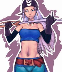  bandana belt belt_buckle black_bandana black_gloves blue_dragon blue_skirt brown_belt buckle crop_top earrings elbow_gloves female fumio_(rsqkr) gloves grey_hair holding holding_sword holding_weapon index_finger_raised jewelry light_frown looking_at_viewer midriff narrow_waist navel necklace no_bra outline pirate purple_background purple_hair sketch skirt skull_print solo standing strapless sword two-tone_background weapon white_background white_outline zola_(blue_dragon) 