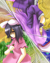  +7 2girls animal_ears black_hair blazer commentary_request inaba_tewi jacket long_hair multiple_girls purple_hair rabbit_ears reisen_udongein_inaba short_hair touhou 