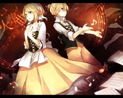  1boy brother_and_sister commentary_request dress female kagamine_len kagamine_rin kasou_kyoku_(vocaloid) musical_note siblings tama_(songe) twins vocaloid 