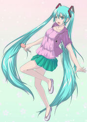  :d aqua_eyes aqua_hair casual commentary_request female hatsune_miku hood hoodie jacket legs long_hair microphone open_clothes open_jacket open_mouth photoshop_(medium) skirt smile solo twintails urepito_honke very_long_hair vocaloid 