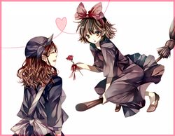  2girls bow broom brown_eyes brown_hair flower hairbow heart heart_of_string highres kiki_(majo_no_takkyuubin) kokiri_(majo_no_takkyuubin) majo_no_takkyuubin mother&#039;s_day mother_and_daughter multiple_girls non-web_source short_hair tsukioka_tsukiho 