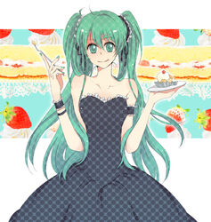  :q armband bad_id bad_pixiv_id bare_shoulders black_dress black_ribbon cake collarbone dress eto_ichika eyebrows female food fork frilled_armband frilled_hat frills fruit fruit_background green_eyes green_hair green_nails hair_ornament hair_ribbon hat hatsune_miku headdress holding holding_fork holding_plate long_hair looking_at_viewer multicolored_hair nail_polish parted_bangs plate ribbon scrunchie simple_background smile solo strapless strapless_dress strawberry tongue tongue_out twintails vocaloid white_background wristband 