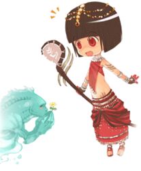  artist_request blunt_bangs bob_cut brown_hair chibi female flower full_body guild_wars_(series) guild_wars_1 gwen_(guild_wars) lowres midriff red_eyes sandals short_hair skirt smile solo staff transparent_background 