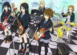  5girls akiyama_mio amplifier aquarium band bass_guitar black_eyes black_hair blonde_hair blue_eyes brown_eyes brown_hair checkered commentary_request drum drum_set electric_guitar fender_jazz_bass fender_musical_instruments_corporation fender_mustang fish gibson_brands_inc gibson_les_paul guitar highres hirasawa_yui instrument k-on! keyboard_(instrument) korg korg_triton kotobuki_tsumugi left-handed long_hair marshall_amplification multiple_girls nakano_azusa pantyhose roland_(company) sakuragaoka_high_school_uniform school_uniform short_hair synthesizer tainaka_ritsu tanabota1203 twintails yamaha 