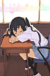  black_hair commentary_request crossed_arms desk dreaming female flower k-on! long_hair murasaki_hisato music nakano_azusa sakuragaoka_high_school_uniform school_desk school_uniform sitting sleeping solo twintails window 