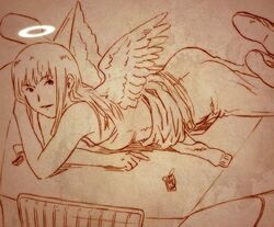  aaru_sentou_shuudan angel bad_link female haibane_renmei halo long_hair lying monochrome on_stomach orange_theme reki_(haibane) solo wings 