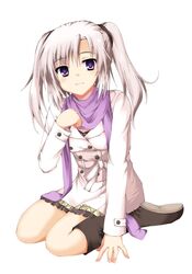  bad_id bad_pixiv_id boots female frills g-senjou_no_maou highres knee_boots kneeling purple_eyes purple_scarf scarf shirasu_youichi shiratori_mizuha sitting skirt smile solo twintails wariza 