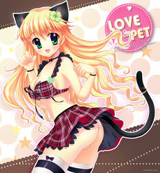  animal_ears ass bad_id bad_pixiv_id blonde_hair blush bow bow_bra bra cat_ears cat_tail choker clover cowboy_shot female four-leaf_clover green_eyes hair_ornament lingerie long_hair original outline panties paw_pose pecorin photoshop_(medium) plaid plaid_bra plaid_skirt skirt solo star_(symbol) striped_clothes striped_panties tail thighhighs underwear watermark web_address 