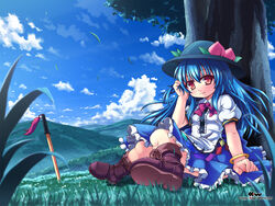  adjusting_hair against_tree blue_hair blue_hat blue_skirt boots bow bowtie bracelet brown_footwear closed_mouth cloud commentary_request day etogami_kazuya female frilled_skirt frills full_body grass hair_between_eyes hand_in_own_hair hand_up hat highres hill hinanawi_tenshi jewelry landscape long_hair looking_at_viewer meadow nature outdoors planted planted_sword puffy_short_sleeves puffy_sleeves purple_bow purple_bowtie purple_eyes scenery shirt short_sleeves sitting skirt sky smile solo sword sword_of_hisou touhou tree weapon white_shirt wind 