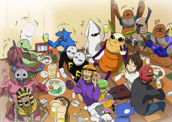  alcohol beard beer black_legwear chopsticks closed_eyes commentary_request cup devil_neko facial_hair female food from_above fukkin gamess_(sunred) geiras_(sunred) general_vamp hell_wolf kaamenman mask medario moustache mukiebi_(sunred) mummy night_owl_(sunred) p-chan_kai pantyhose photoshop_(medium) pitcher_(container) plate sitting skirt smile sunred table teacup tentai_senshi_sunred uchida_kayoko usakotsu v 