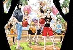  2boys 5girls alternate_universe ball bandana barefoot basketball basketball_(object) black_eyes black_hair blonde_hair candle choker_(pixiv) cigarette commentary_request curly_eyebrows denim derivative_work drinking earrings everyone genderswap_(ftm) genderswap_(mtf) glass glasses green_hair hat highres jeans jewelry long_hair looking_at_viewer luffyko monkey_d._luffy multiple_boys multiple_girls nami_(one_piece) nico_robin oda_eiichirou_(style) official_style one_piece orange_hair pants parody pom_pom_(cheerleading) roronoa_zoro rule_63 sanji_(one_piece) scar shirt shoes short_hair shorts sitting straw_hat straw_hat_pirates style_parody tattoo tony_tony_chopper usopp 