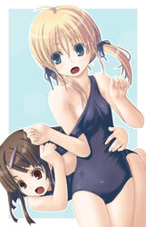  1cm 2girls blonde_hair blue_eyes brown_eyes brown_hair clothes_pull commentary_request competition_swimsuit hair_ornament hairclip long_hair multiple_girls one-piece_swimsuit one-piece_swimsuit_pull original pulling_another&#039;s_clothes swimsuit twintails 