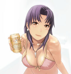  alcohol beer beer_can blush bottomless breasts brown_eyes bugfix can cleavage collarbone commentary_request cross drink drink_can earrings female front-tie_top holding jewelry katsuragi_misato large_breasts necklace neon_genesis_evangelion pose purple_hair simple_background solo yebisu 