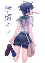  adjusting_clothes adjusting_shoe ahoge bad_id bad_pixiv_id bag black_shorts black_socks female from_behind gakuen_kino highres kino_(kino_no_tabi) kino_no_tabi kneehighs looking_back school_uniform serafuku short_hair short_sleeves shorts shorts_under_skirt skirt smile socks solo standing tsukigumo_(tukamu) 