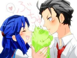  1boy adachi_(nogami_nono) animal asakura_ryouko black_hair blue_hair canine commentary_request female half_updo kimidori-san kissing kissing_animal kita_high_school_uniform long_hair school_uniform serafuku shiraishi_minoru_(voice_actor) summer_uniform surprised suzumiya_haruhi-chan_no_yuuutsu suzumiya_haruhi_no_yuuutsu taniguchi_(suzumiya_haruhi) voice_actor_connection 