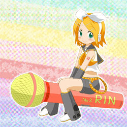  blonde_hair bow commentary_request detached_sleeves female green_eyes hair_ornament hairbow hairclip headphones kagamine_rin microphone oversized_object short_hair shorts smile solo takamaru_(minamimachi_seisakusho) vocaloid 