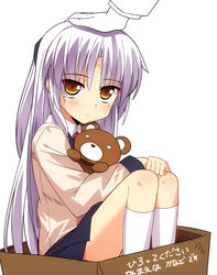  angel_beats! box commentary_request female for_adoption half_updo headpat in_box in_container out_of_frame photoshop_(medium) school_uniform solo_focus stuffed_animal stuffed_toy tachibana_kanade teddy_bear tranquillianusmajor translated white_hair 