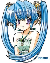  bare_shoulders blue_hair blush commentary_request dress female growlanser growlanser_v hair_bobbles hair_ornament hair_ribbon jewelry korin mi_mori_nana_tsutomu necklace pointy_ears purple_eyes ribbon solo twintails 