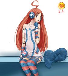  absurdres ahoge android bad_id bad_pixiv_id candy chupa_chups female food francisco_valle gloves headphones headset highres joints lollipop long_hair multicolored_clothes multicolored_legwear product_placement red_eyes red_hair robot_joints sf-a2_miki sitting socks solo striped_clothes striped_gloves striped_thighhighs thighhighs tongue vocaloid zettai_ryouiki 