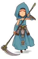  artist_request belt blunt_bangs bob_cut brown_hair chibi female full_body guild_wars_(series) guild_wars_1 gwen_(guild_wars) hood lowres red_eyes scythe short_hair solo transparent_background 