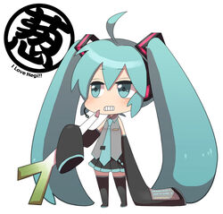  aqua_eyes aqua_hair bad_id bad_pixiv_id chibi detached_sleeves eating female hatsune_miku headphones headset kurara long_hair necktie simple_background skirt sleeves_past_wrists solo spring_onion thighhighs twintails vocaloid 