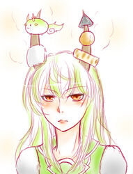  :3 arekkusu bad_id bad_pixiv_id blush caved_(touhou) chikuwa ex-keine female food green_hair horn_ornament horn_ribbon horns impaled kamishirasawa_keine kamishirasawa_keine_(hakutaku) konnyaku_(food) long_hair multicolored_hair oden orange_eyes photoshop_(medium) ribbon solo sukusuku_hakutaku tears touhou white_hair 