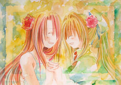  2girls air_(visual_novel) blonde_hair closed_eyes commentary_request flower holding_hands interlocked_fingers kamio_haruko kamio_misuzu long_hair multiple_girls ponytail red_hair tei 