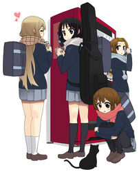  4girls akiyama_mio bad_id bad_pixiv_id bag black_eyes black_hair blonde_hair brown_eyes brown_hair can closed_eyes feline guitar_case hirasawa_yui instrument_case k-on! kotobuki_tsumugi lesskiss long_hair multiple_girls pantyhose plaid plaid_scarf sakuragaoka_high_school_uniform scarf school_uniform short_hair tainaka_ritsu vending_machine 