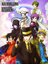  6+boys arcobaleno black_hair blonde_hair blue_eyes blue_hair braid brown_eyes colonello commentary_request fedora female fon_(reborn) formal glasses green_hair gun hat headband katekyo_hitman_reborn! long_hair luce_(reborn) mammon_(reborn) multiple_boys pregnant purple_eyes purple_hair rainbow reborn shikisenri short_hair skull_(reborn) suit verde_(reborn) weapon 