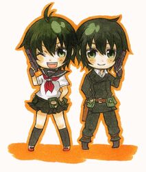  ;d aratak belt black_legwear chibi collared_shirt commentary_request dual_persona female gakuen_kino green_footwear green_hair green_jacket green_pants gun hair_between_eyes hand_on_own_hip handgun holding holding_gun holding_weapon jacket kino_(kino_no_tabi) kino_no_tabi kneehighs looking_at_viewer neckerchief one_eye_closed open_mouth pants photoshop_(medium) pleated_skirt pouch red_neckerchief school_uniform serafuku shirt short_hair skirt smile socks weapon white_shirt 