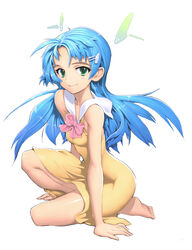  barefoot blue_hair dress female green_eyes hair_ornament hairclip kutuna_haruka long_hair photoshop_(medium) ribbon smile solo sugeno_tomoaki vanguard_princess 