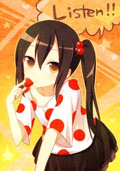  black_hair brown_eyes commentary_request female food fruit highres holding holding_food holding_fruit k-on! kuu_(0427) leaning_forward listen!! long_hair nakano_azusa polka_dot side_ponytail solo strawberry 