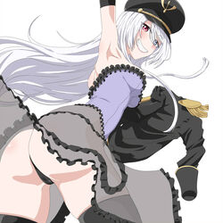  armpits ass bad_anatomy black_gloves black_hat black_jacket black_lobelia black_lobelia_(cosplay) black_panties blue_eyes blush boots breasts corset cosplay dress elbow_gloves epaulettes female frilled_dress frills fringe_trim from_behind gloves gold_trim hand_up hat heterochromia jacket kitagawa_marin long_hair looking_at_viewer looking_back medium_breasts military_hat panties pantyshot presenting_armpit red_eyes see-through see-through_skirt simple_background skirt smile solo sono_bisque_doll_wa_koi_wo_suru teeth thigh_boots underwear white_background white_hair yoshida_keiji 