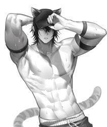  1boy abs adjusting_clothes adjusting_headwear animal_ears arknights arm_strap armpits arms_up baseball_cap broca_(arknights) cat_boy cat_ears cat_tail commentary_request ears_through_headwear greyscale hair_between_eyes hat highres male_focus monochrome muscular muscular_male short_hair solo sweat tail topless_male upper_body very_sweaty zerg_(z79438659) 