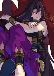  1boy black_hair black_headband blue_footwear bracelet cape closed_mouth crop_top dancer fire_emblem fire_emblem_engage hair_between_eyes hand_on_own_arm headband highres jewelry liondance_0220 long_hair male_focus multicolored_eyes neck_ring pants purple_pants red_cape red_eyes red_pupils seadall_(fire_emblem) shoes simple_background sitting sleeveless smile solo very_long_hair white_background yellow_eyes 