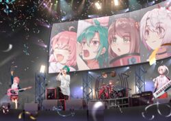  1other 3girls :d :o absurdres ahoge akabane_youko bad_id bad_pixiv_id bass_guitar black_choker blush brown_hair choker closed_eyes confetti cymbals dingwall_guitars drum drum_set drumsticks earrings fangs green_eyes green_hair guitaro_(yabasaki_taro) hair_between_eyes hair_ornament hairclip hand_up highres holding holding_microphone indoors instrument jewelry keyboard_(instrument) long_hair microphone multiple_girls music nijisanji open_mouth pink_eyes pink_hair ponytail purple_eyes ryuushen sasaki_saku shiina_yuika short_hair singing skin_fangs smile speaker stage stage_lights standing virtual_youtuber white_hair 