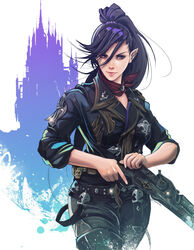  absurdres black_hair breasts earrings elezen elf female final_fantasy final_fantasy_xiv gun hair_between_eyes highres hilda_ware holding holding_gun holding_weapon hyur jacket jewelry leather leather_jacket lips long_hair looking_at_viewer machinist_(final_fantasy) md5_mismatch medium_breasts photoshop_(medium) pointy_ears ponytail red_eyes resolution_mismatch scarf smile solo source_smaller trigger_discipline vvernacatola weapon 