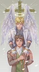  2boys angel_wings battle_tendency blonde_hair blue_eyes brown_coat brown_hair caesar_anthonio_zeppeli coat cross crying crying_with_eyes_open dress_shirt facial_mark fingerless_gloves gloves green_eyes halo highres homil22 hug hug_from_behind jacket jojo_no_kimyou_na_bouken joseph_joestar joseph_joestar_(young) korean_commentary long_coat male_focus multiple_boys shirt tears undershirt vest waistcoat white_jacket wings 