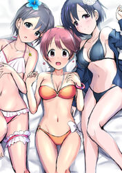  3girls bikini black_bikini black_eyes black_hair black_jacket bracelet breasts brown_eyes brown_hair cleavage collarbone commentary_request feet_out_of_frame flower frilled_bikini frills grey_hair hair_flower hair_ornament idolmaster idolmaster_cinderella_girls jacket jewelry long_hair looking_at_viewer lying medium_breasts multiple_girls navel orange_bikini otokura_yuuki ponytail shiina_noriko shiragiku_hotaru short_hair sousakubito swimsuit thigh_gap 