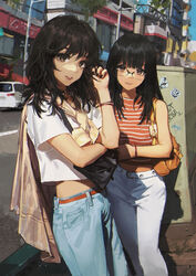  2girls backpack bag belt black-framed_eyewear black_hair black_nails bracelet brown_eyes building car closed_mouth commentary day glasses graffiti hair_between_eyes hand_up handbag highres jewelry lamppost long_hair looking_at_viewer motor_vehicle multiple_girls nail_polish orange_shirt original outdoors pants parted_lips road shirt short_sleeves sky sleeveless sleeveless_shirt smile standing street striped_clothes striped_shirt symbol-only_commentary wang-xi white_belt white_pants white_shirt 