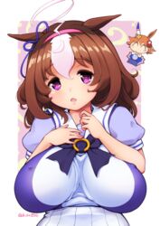  2girls ? @_@ ahoge animal_ears blue_ribbon bow breasts brown_hair chestnut_mouth covered_nipples deto hair_between_eyes hair_ribbon hairband hands_up highres horse_ears horse_girl large_breasts looking_at_viewer matikanefukukitaru_(umamusume) meisho_doto_(umamusume) multicolored_hair multiple_girls open_mouth pink_hairband puffy_sleeves purple_bow purple_eyes ribbon sailor_collar school_uniform short_hair tareme tracen_school_uniform twitter_username two-tone_hair umamusume upper_body white_hair white_sailor_collar 