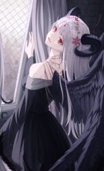  angel_wings bad_id bad_pixiv_id bare_shoulders black_wings cross cross_earrings demon_girl demon_horns earrings feathered_wings female highres horns indoors jewelry long_hair long_sleeves looking_at_viewer looking_back open_mouth original red_eyes ring solo teeth tongue white_hair window wings yuyo_(i_iuyo) 