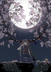  absurdres chains cherry_blossoms closed_eyes drinking female flower gourd highres horns ibuki_suika ichinose_(kurui96) long_hair long_skirt moon moonlight night night_sky oni oni_horns orange_hair petals sitting skirt sky solo touhou very_long_hair 