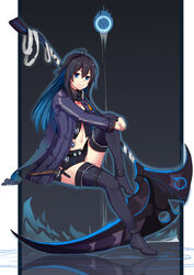  7t absurdres antenna_hair benghuai_xueyuan black_background black_jacket blue_eyes blue_hair boots closed_mouth female full_body hand_on_own_knee highres honkai_(series) invisible_chair jacket knee_boots leg_up long_hair long_sleeves looking_at_viewer miniskirt navel scythe seele_vollerei sitting skirt solo tattoo weapon white_background 