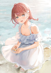  :d bare_shoulders beach blue_nails blush breasts brown_hair cleavage collarbone commentary_request crab day dress female frilled_dress frills full_body hair_ornament hairclip happy highres holding long_dress looking_at_viewer medium_hair nail_polish ocean open_mouth original outdoors rabbit_hair_ornament sand sandals short_twintails sidelocks smile solo squatting teeth toenail_polish toenails twintails upper_teeth_only white_dress white_footwear x_hair_ornament yukimaru_nun 