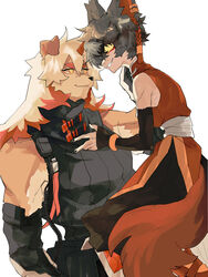  3:4 aak_(arknights) anthro arknights arm_warmers armwear asian_clothing black_body black_clothing black_fur black_hair bracelet canid canine canis caressing_face chinese_clothing clothing domestic_cat domestic_dog duo ear_piercing east_asian_clothing felid feline felis femboy fur gloves hair handwear hi_res horn hung_(arknights) hypergryph jewelry long_hair male male/male mammal mochidaxxx muscular muscular_male orange_body orange_fur piercing romantic romantic_couple shirt size_difference sleeveless_sweater smile studio_montagne tan_body tan_fur topwear white_body white_fur 