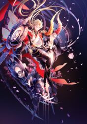  1boy black_pants blonde_hair chains ching_nu_yu_hun_2 claws dark_background full_body grey_eyes hand_up highres hpknight long_hair looking_at_viewer male_focus pants solo tentacle very_long_hair 